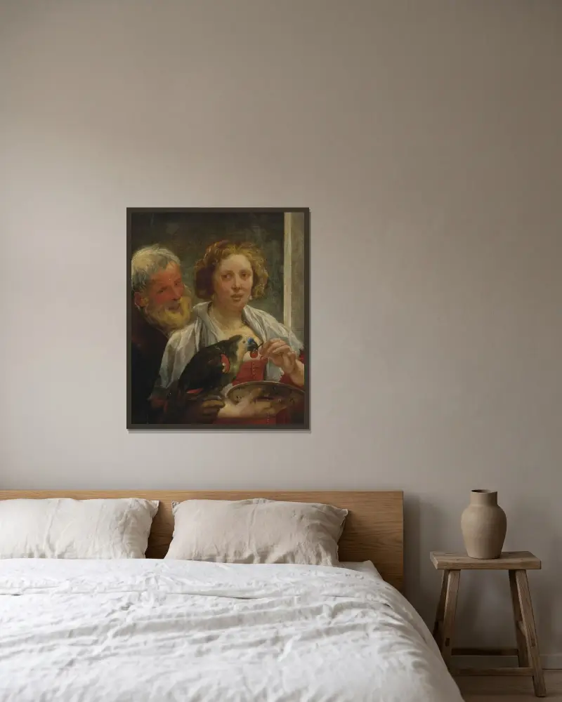 En skäggig man och en kvinna med papegoja; 'Obetald kärlek' av Jacob Jordaens inramad på en vägg