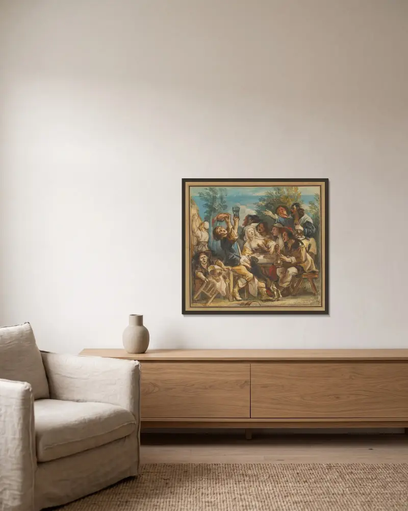 Ett glatt sällskap av Jacob Jordaens inramad på en vägg