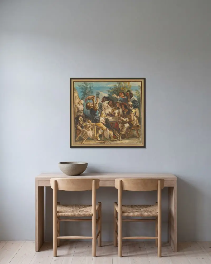 Ett glatt sällskap av Jacob Jordaens inramad på en vägg