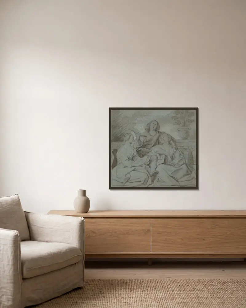 En ung man och två flickor som sjunger av Jacob Jordaens inramad på en vägg
