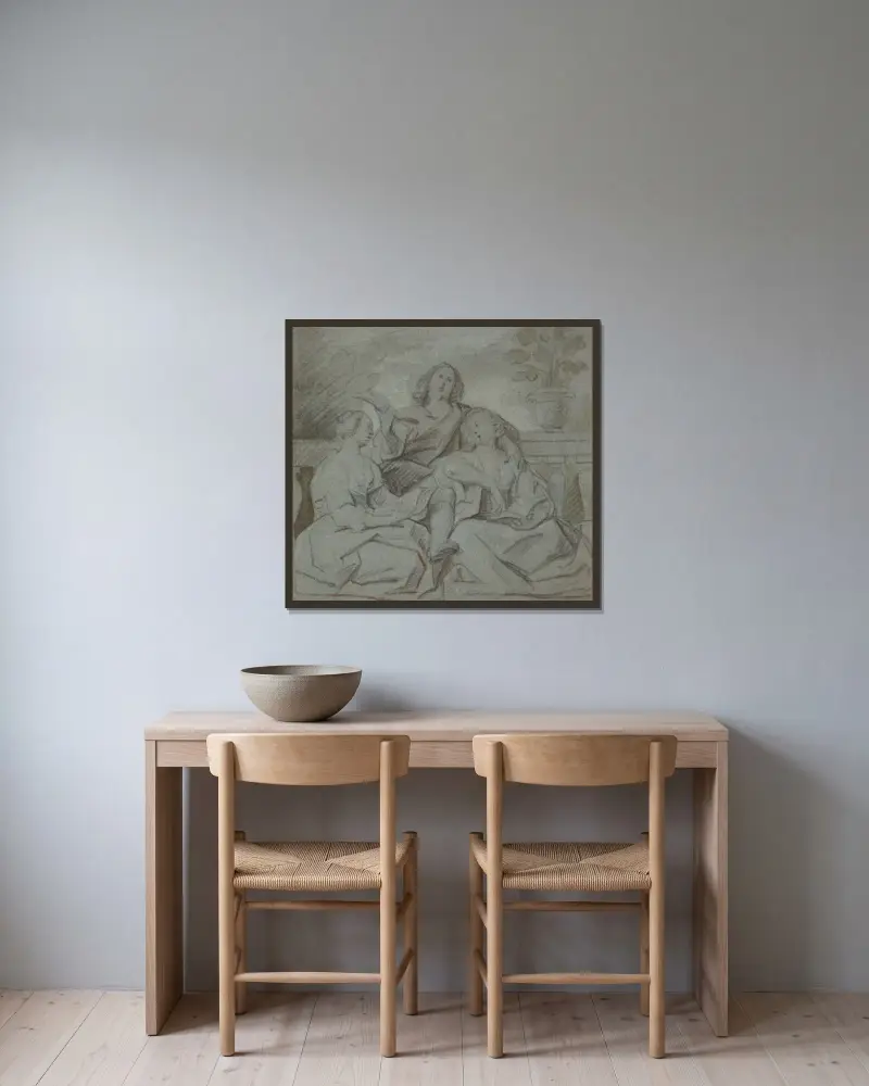 En ung man och två flickor som sjunger av Jacob Jordaens inramad på en vägg