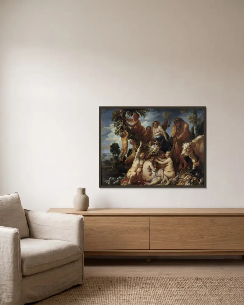 Achelous Defeated by Hercules. The Origin of the Cornucopia. (Allegory of Fruitfulness) av Jacob Jordaens inramad på en vägg