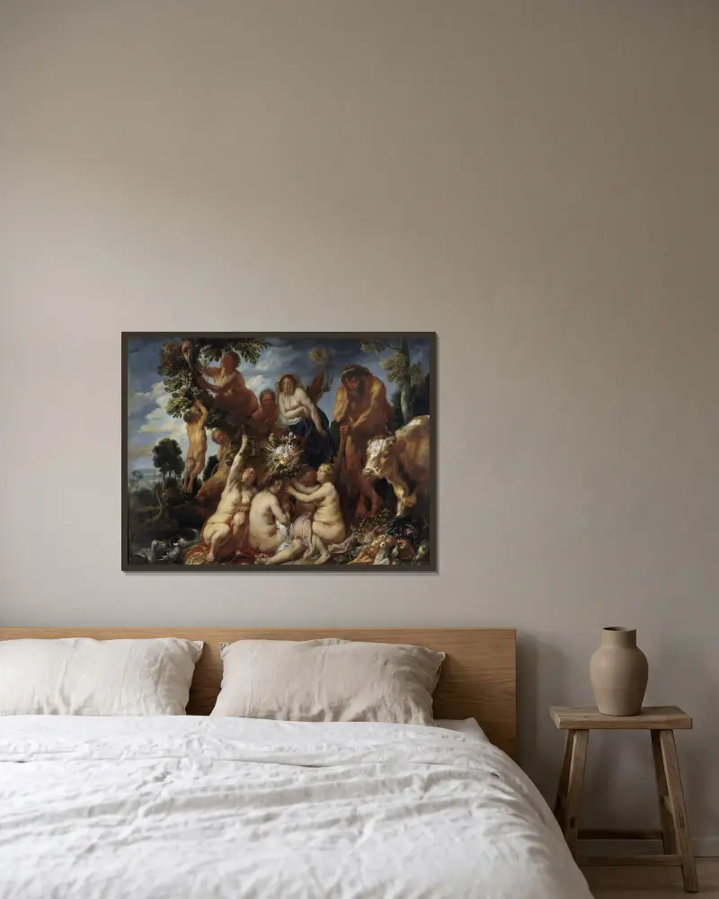 Achelous Defeated by Hercules. The Origin of the Cornucopia. (Allegory of Fruitfulness) av Jacob Jordaens inramad på en vägg