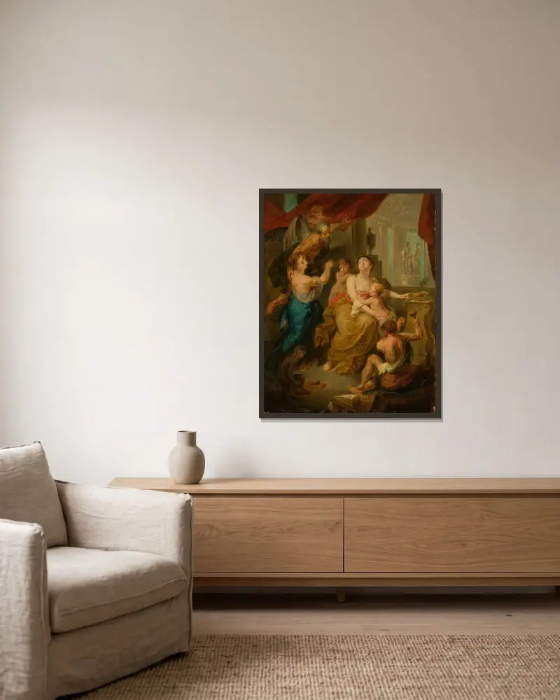 Konstens allegori av Jacob Jordaens inramad på en vägg