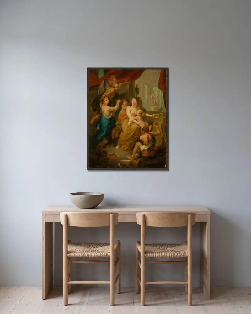 Konstens allegori av Jacob Jordaens inramad på en vägg