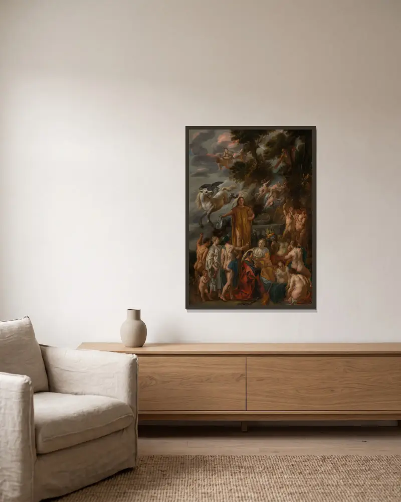Poetens allegori av Jacob Jordaens inramad på en vägg