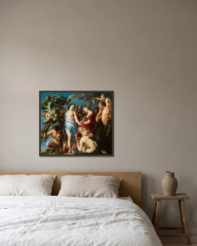 En allegori över fruktbarhet av Jacob Jordaens inramad på en vägg