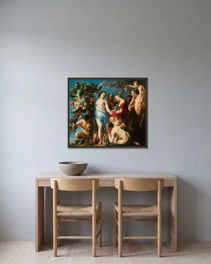 En allegori över fruktbarhet av Jacob Jordaens inramad på en vägg