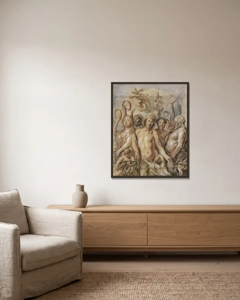 Bacchus triumftåg (Backanternas tåg) av Jacob Jordaens inramad på en vägg