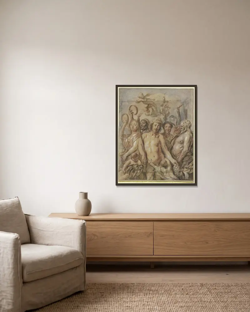 Bacchantenzug (Triumph des Bacchus) – Nr. 1 von Jacob Jordaens gerahmt an einer Wand