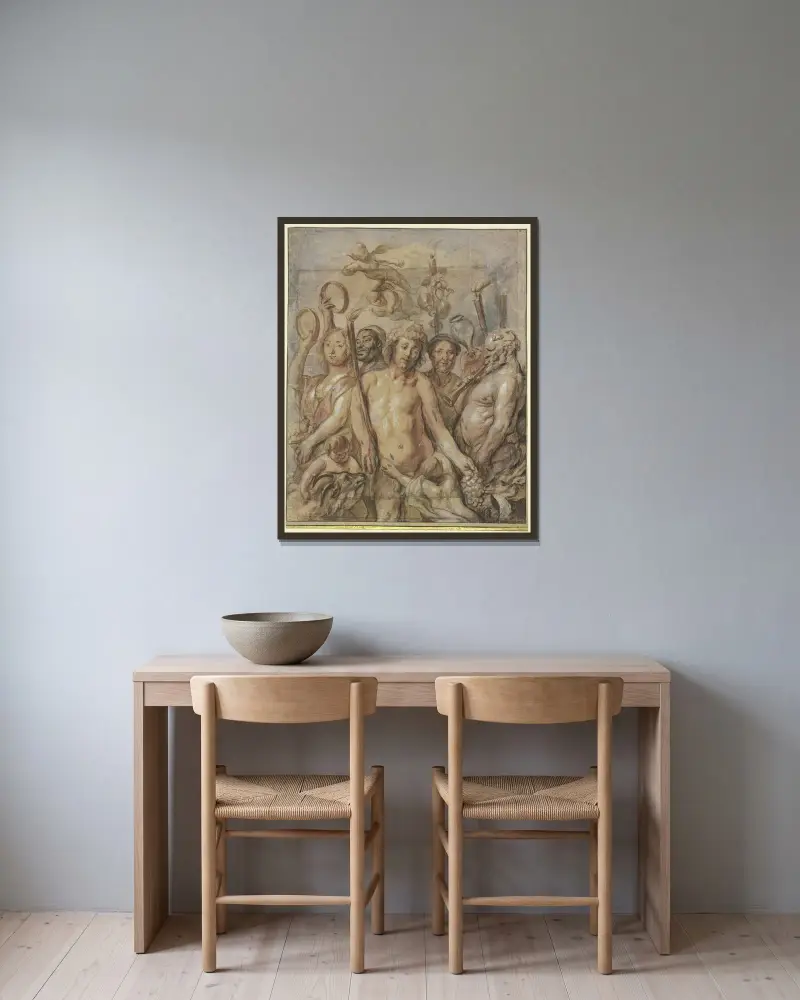 Bacchantenzug (Triumph des Bacchus) – Nr. 1 von Jacob Jordaens gerahmt an einer Wand