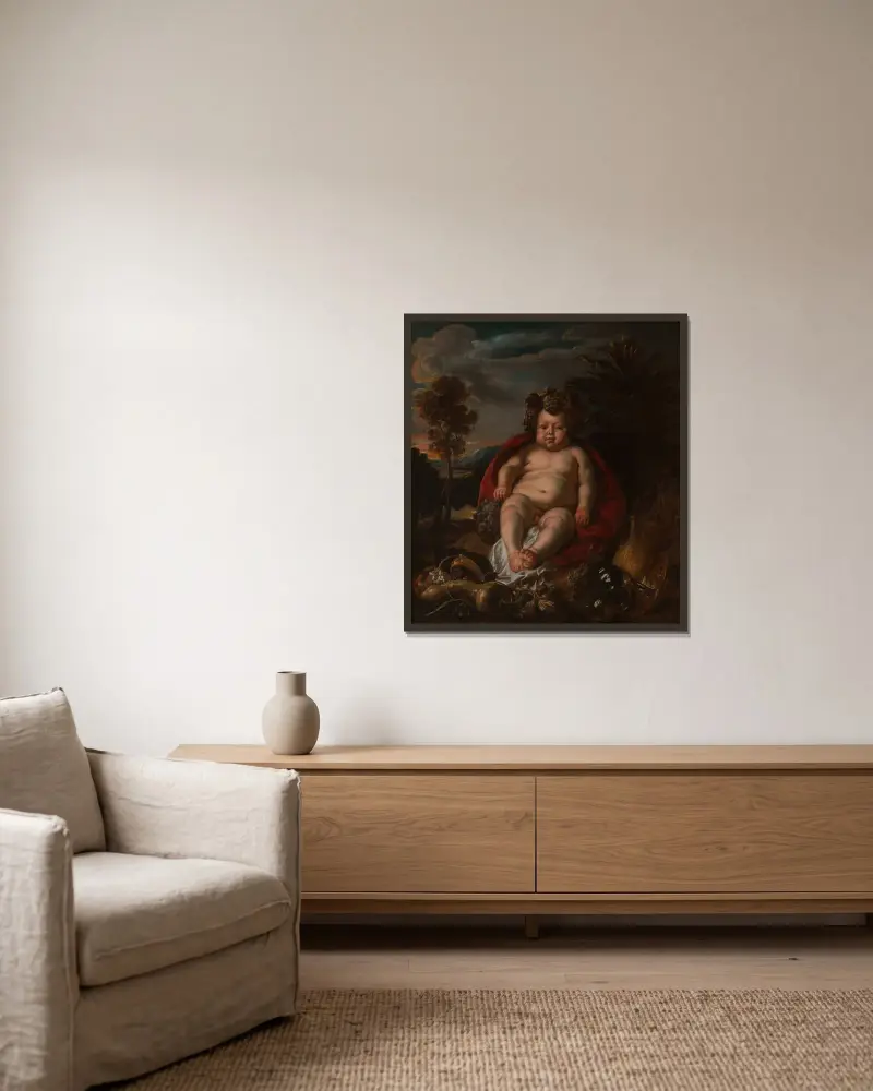 Bacchus som barn av Jacob Jordaens inramad på en vägg