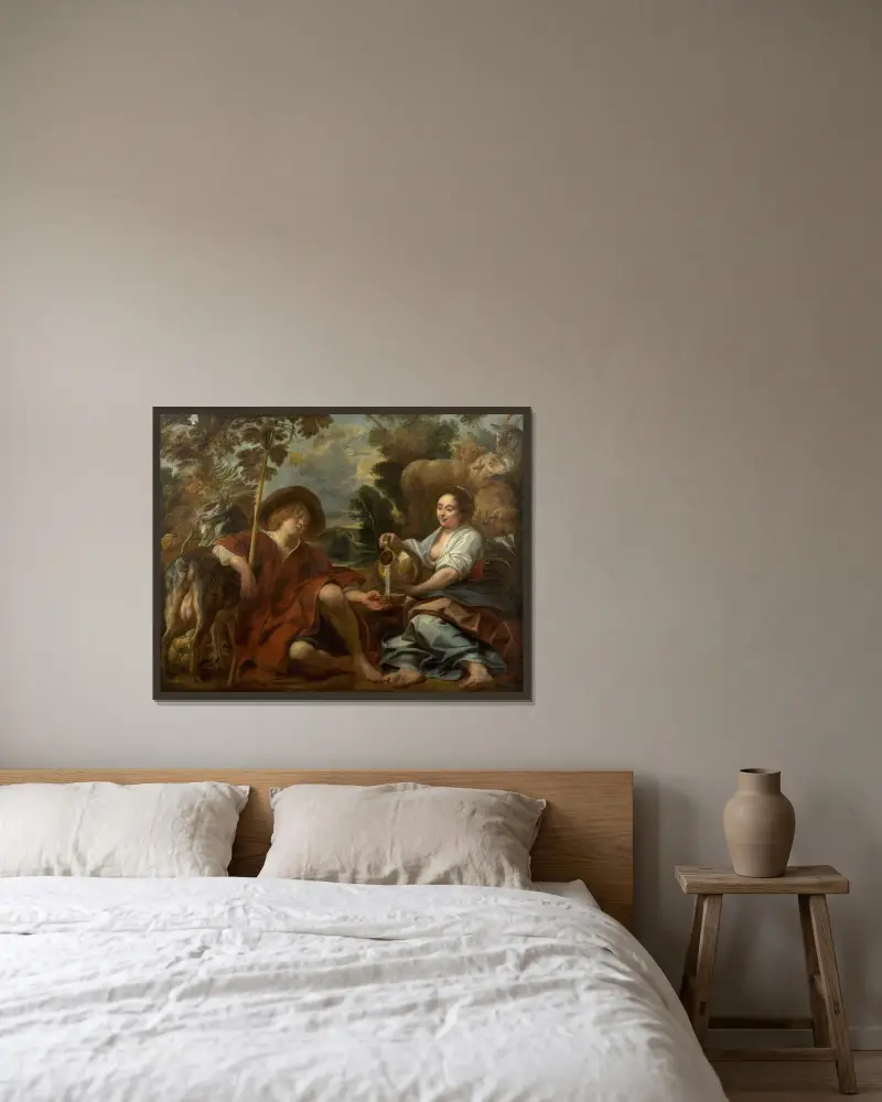 Herdeflicka som ger mjölk till en herde av Jacob Jordaens inramad på en vägg