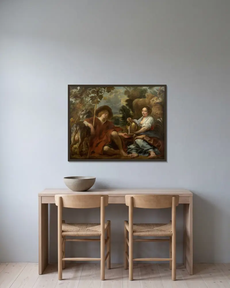 Herdeflicka som ger mjölk till en herde av Jacob Jordaens inramad på en vägg