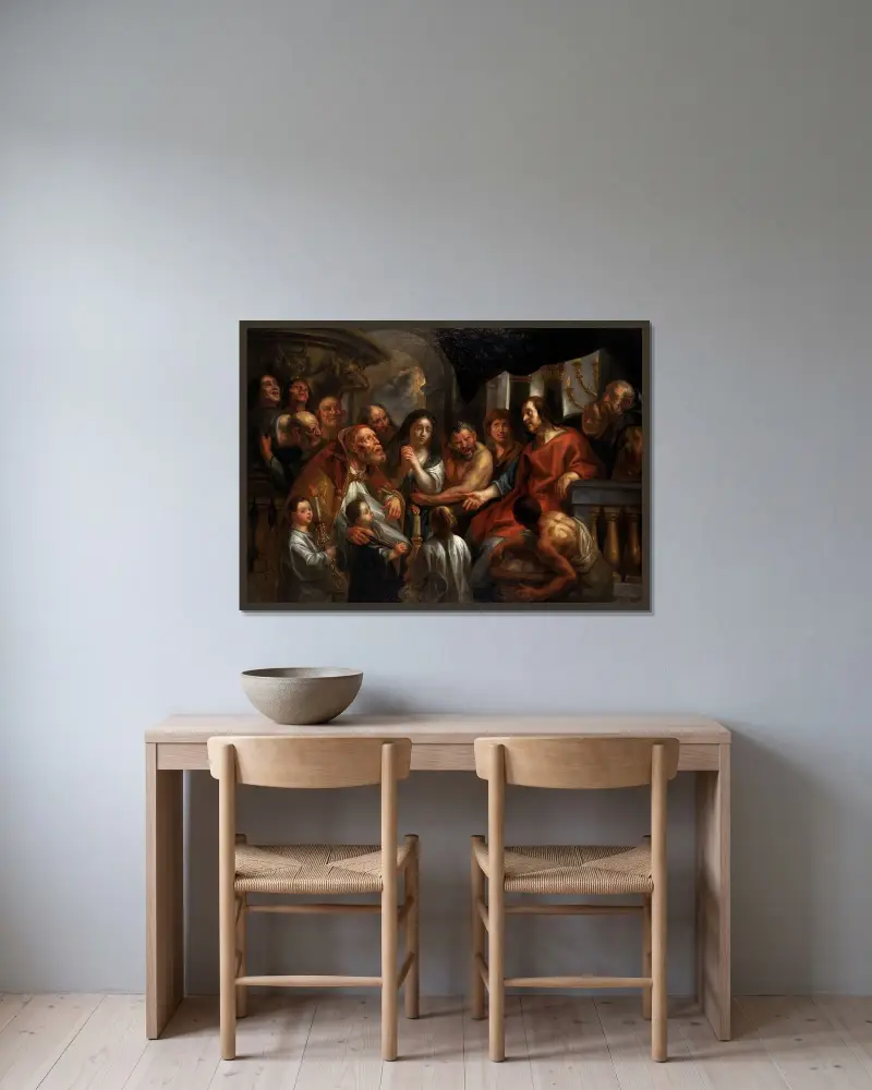 Kristus och äktenskapsbryterskan av Jacob Jordaens inramad på en vägg