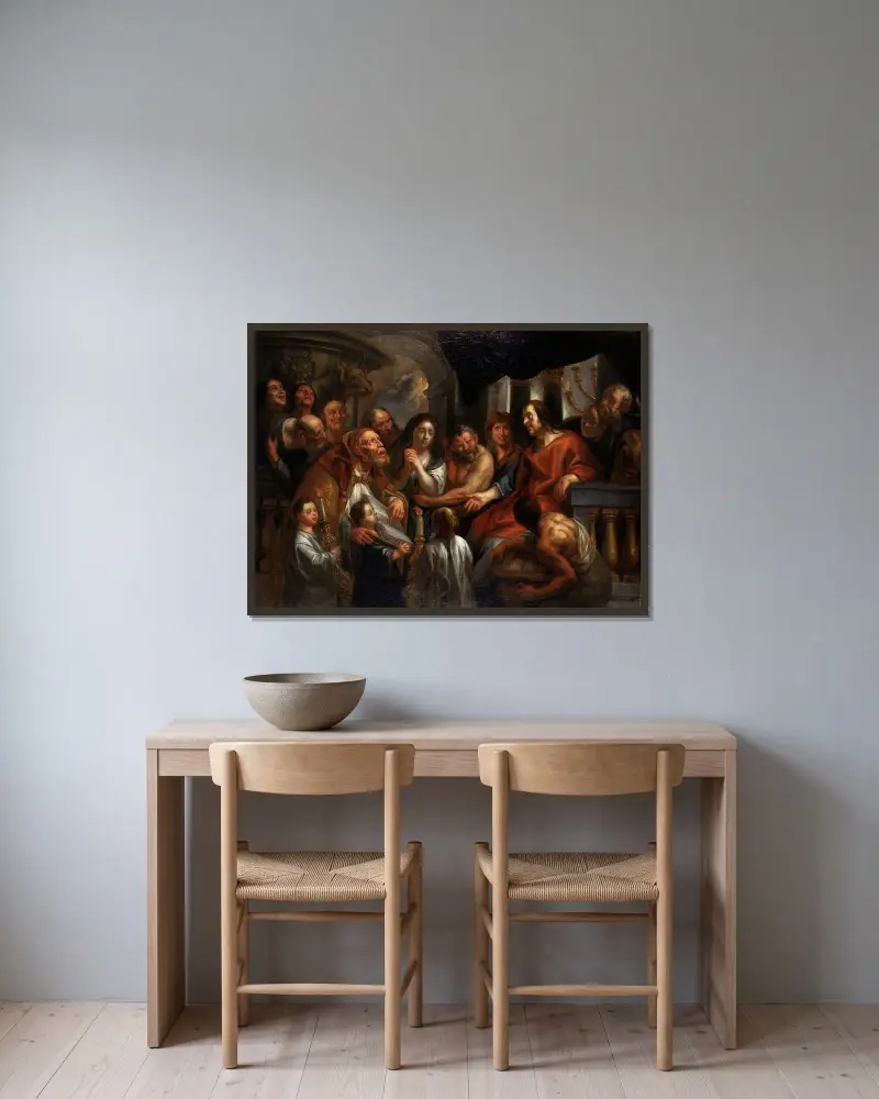 Kristus och äktenskapsbryterskan av Jacob Jordaens inramad på en vägg
