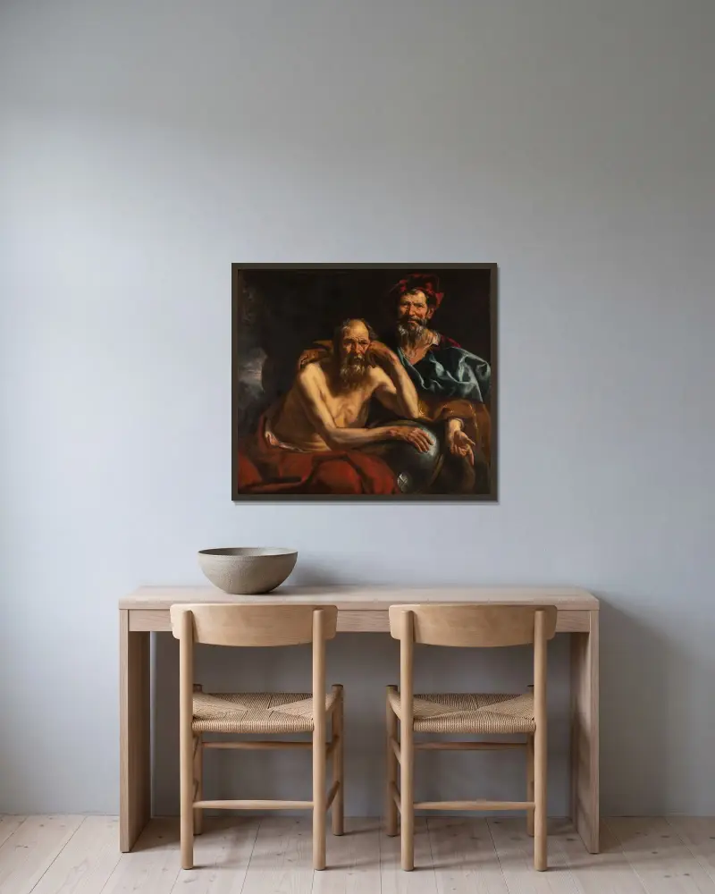 Demokritos och Herakleitos av Jacob Jordaens inramad på en vägg