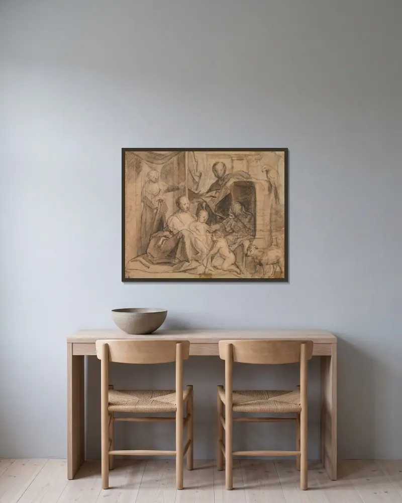 Den heliga familjen med Elisabet och Johannespojken av Jacob Jordaens inramad på en vägg