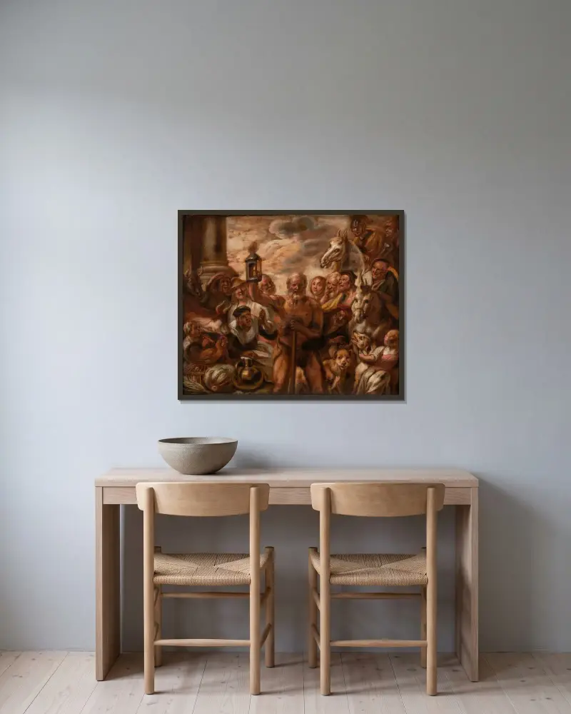 Diogenes söker en ärlig man av Jacob Jordaens inramad på en vägg