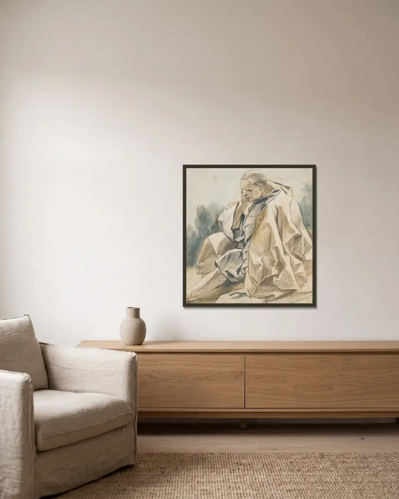 Draperistudie av sittande man med mössa av Jacob Jordaens inramad på en vägg