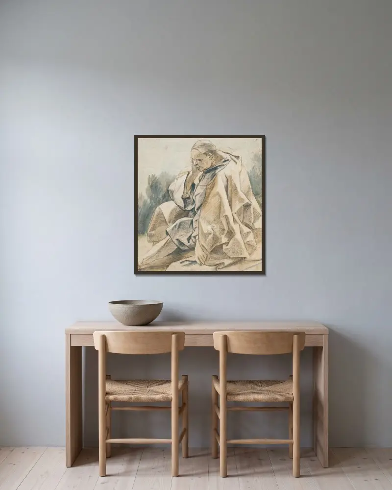 Draperistudie av sittande man med mössa av Jacob Jordaens inramad på en vägg