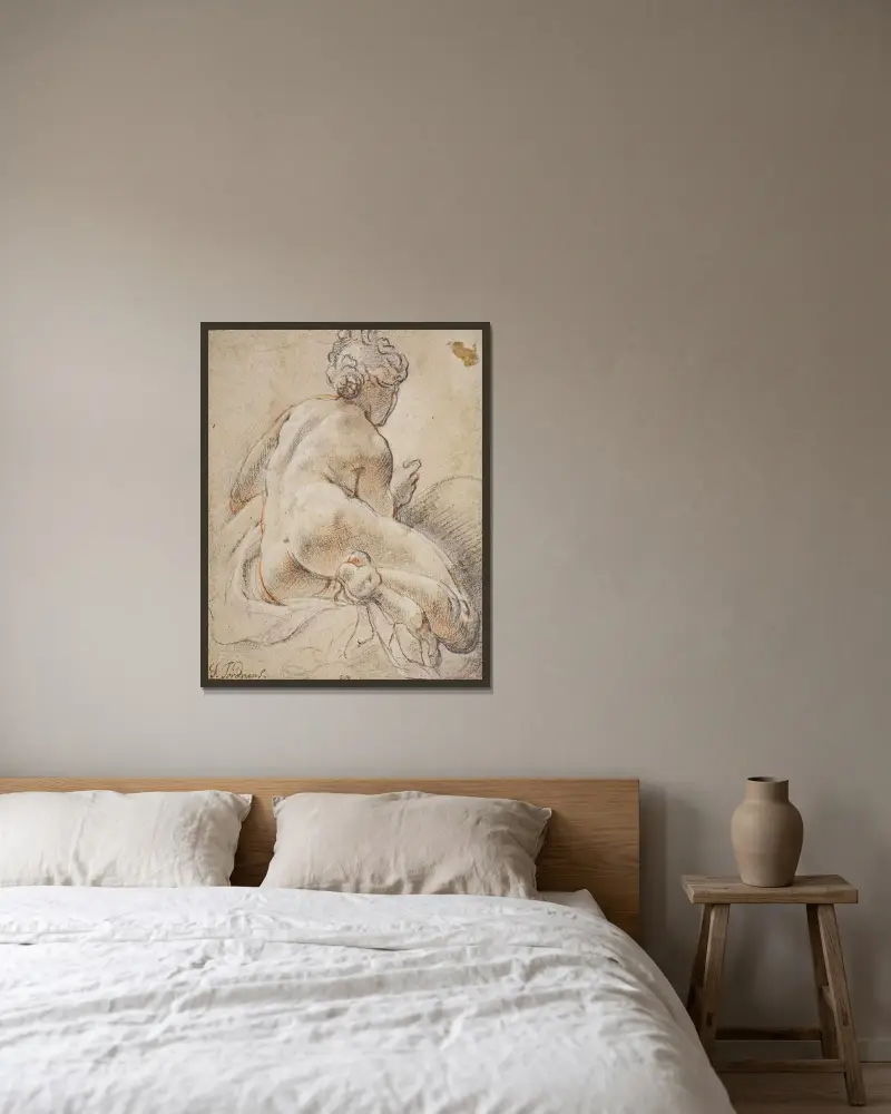 Kvinnlig nakenstudie, sedd bakifrån av Jacob Jordaens inramad på en vägg