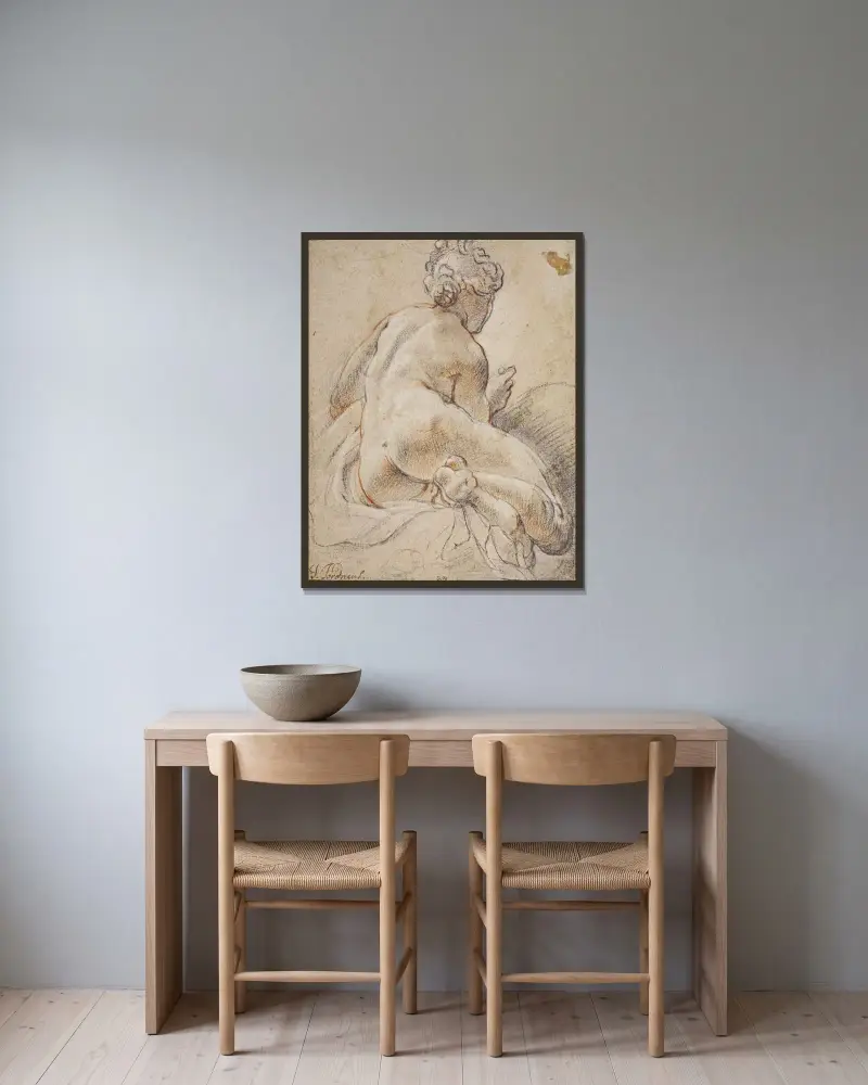Kvinnlig nakenstudie, sedd bakifrån av Jacob Jordaens inramad på en vägg