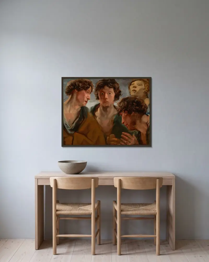 Vier Studien eines Männerkopfes von Jacob Jordaens gerahmt an einer Wand
