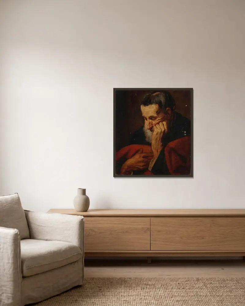Huvud av en skäggig man, möjligen en apostel av Jacob Jordaens inramad på en vägg