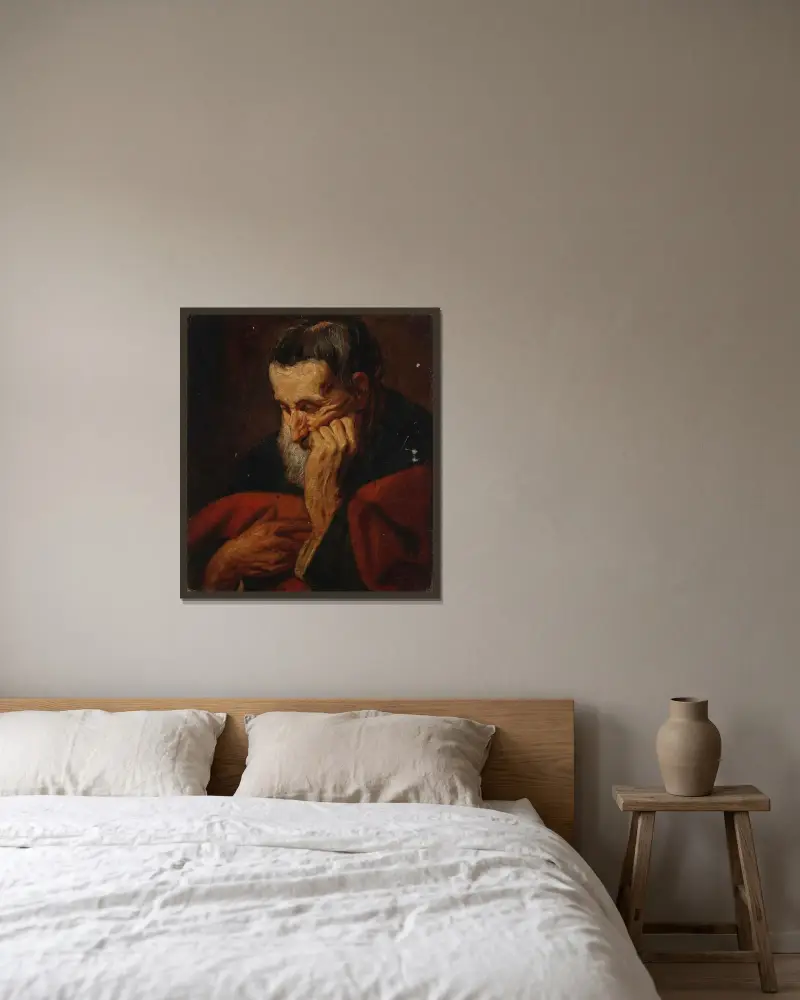 Huvud av en skäggig man, möjligen en apostel av Jacob Jordaens inramad på en vägg