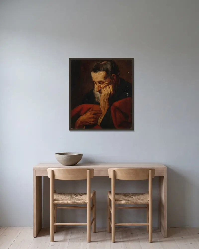 Huvud av en skäggig man, möjligen en apostel av Jacob Jordaens inramad på en vägg