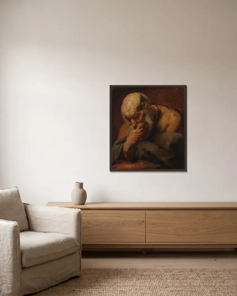 Huvud av en skäggig man, möjligen en apostel av Jacob Jordaens inramad på en vägg