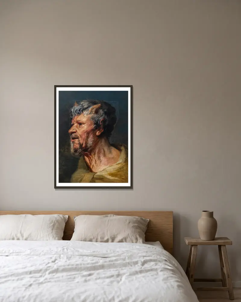 Faunhuvud av Jacob Jordaens inramad på en vägg