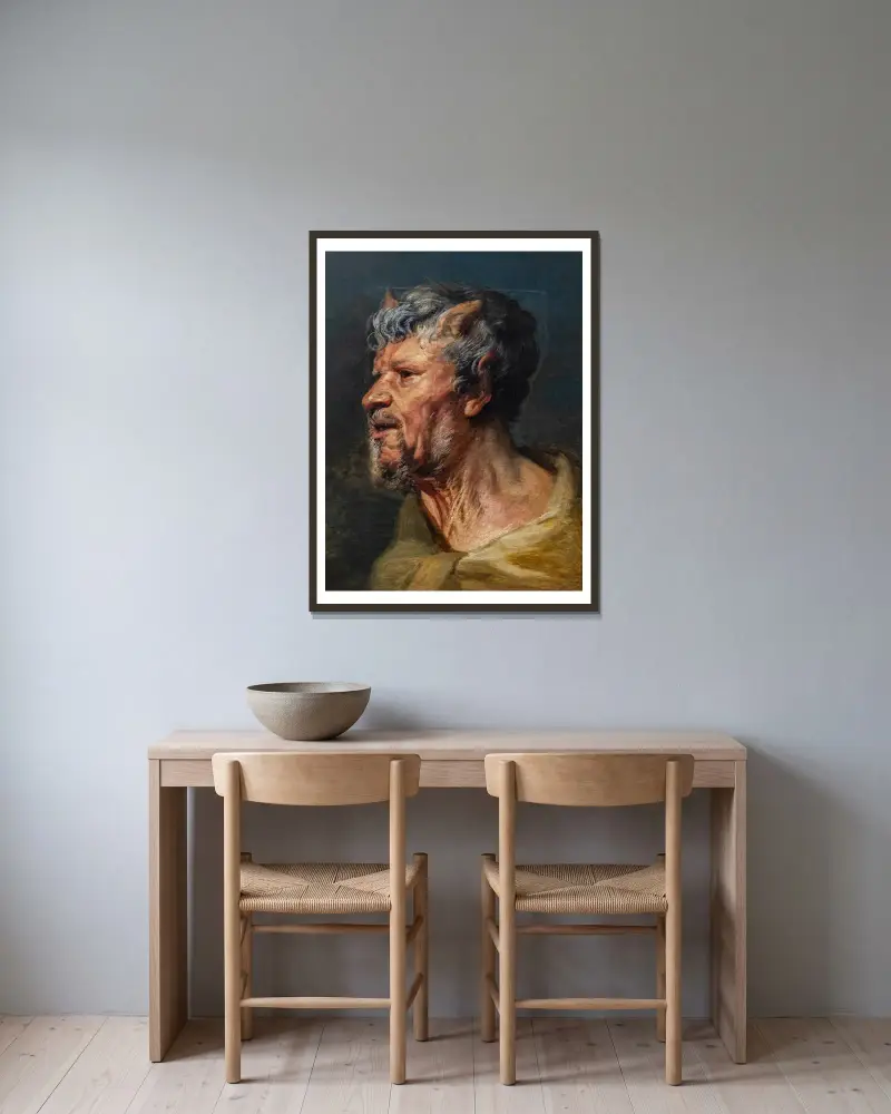 Faunhuvud av Jacob Jordaens inramad på en vägg