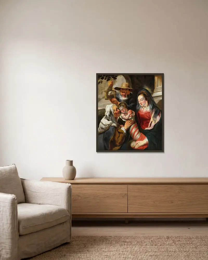 Den heliga familjen med den heliga Anna av Jacob Jordaens inramad på en vägg