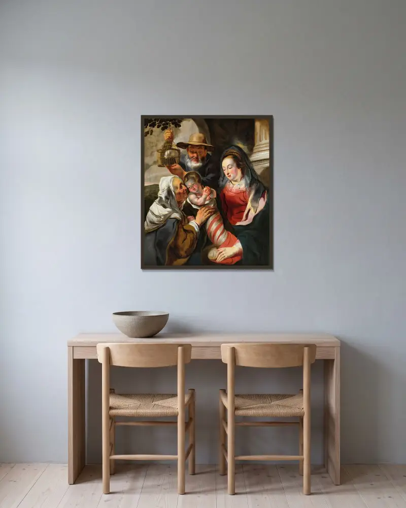 Den heliga familjen med den heliga Anna av Jacob Jordaens inramad på en vägg