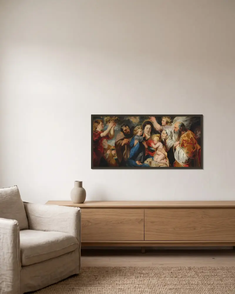 Święta Rodzina z rodziną Jana Chrzciciela w otoczeniu aniołów, Jacob Jordaens w ramie na ścianie