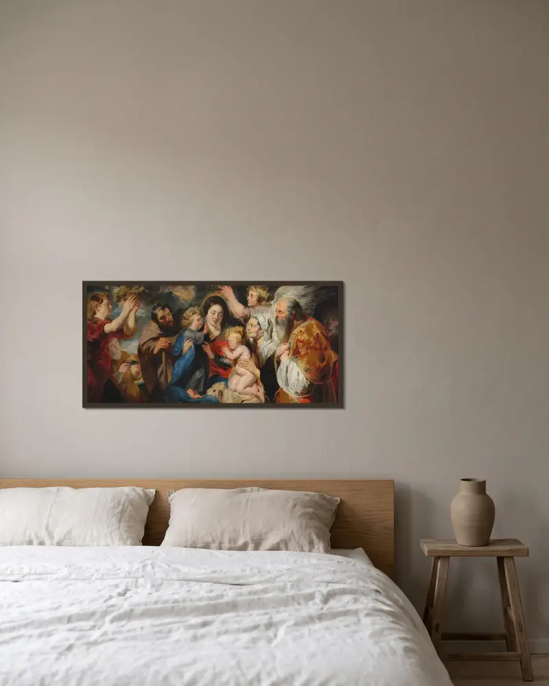 Święta Rodzina z rodziną Jana Chrzciciela w otoczeniu aniołów, Jacob Jordaens w ramie na ścianie