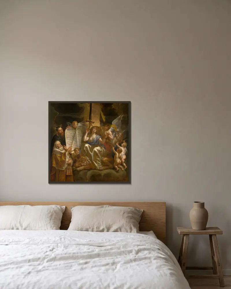 Menschliches Gesetz auf göttlicher Gerechtigkeit gegründet von Jacob Jordaens gerahmt an einer Wand