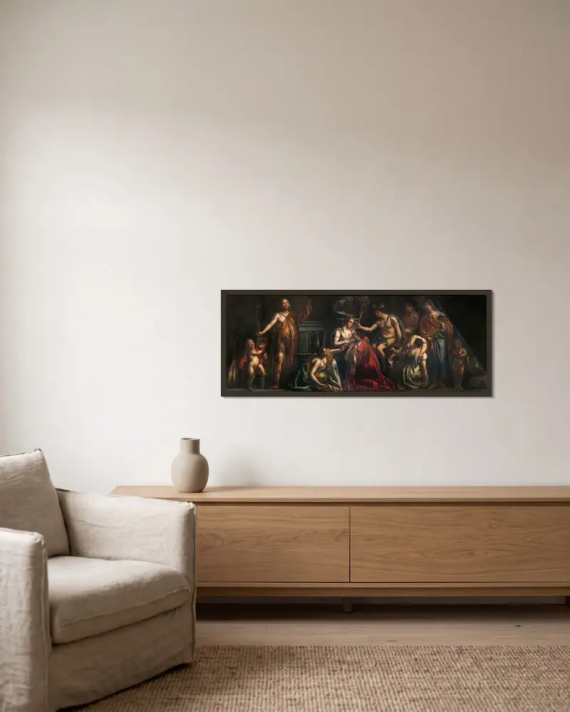 Fleiß und Handel lassen die Kunst erblühen von Jacob Jordaens gerahmt an einer Wand