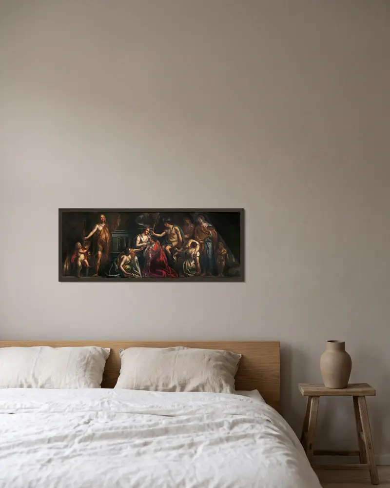 Fleiß und Handel lassen die Kunst erblühen von Jacob Jordaens gerahmt an einer Wand
