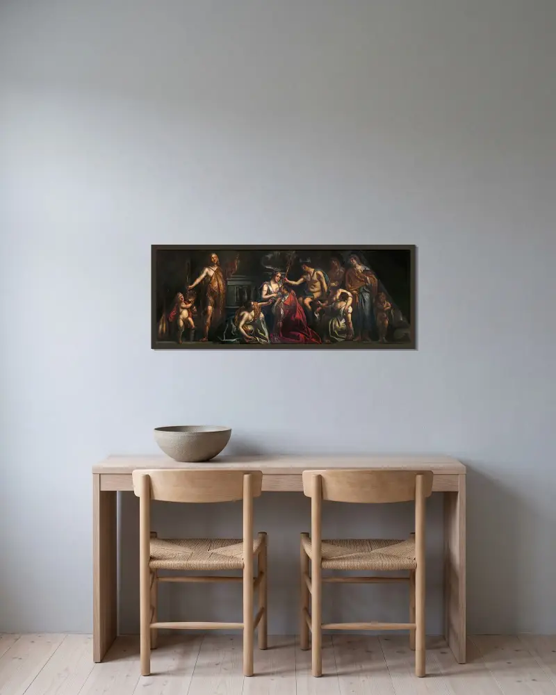 Fleiß und Handel lassen die Kunst erblühen von Jacob Jordaens gerahmt an einer Wand