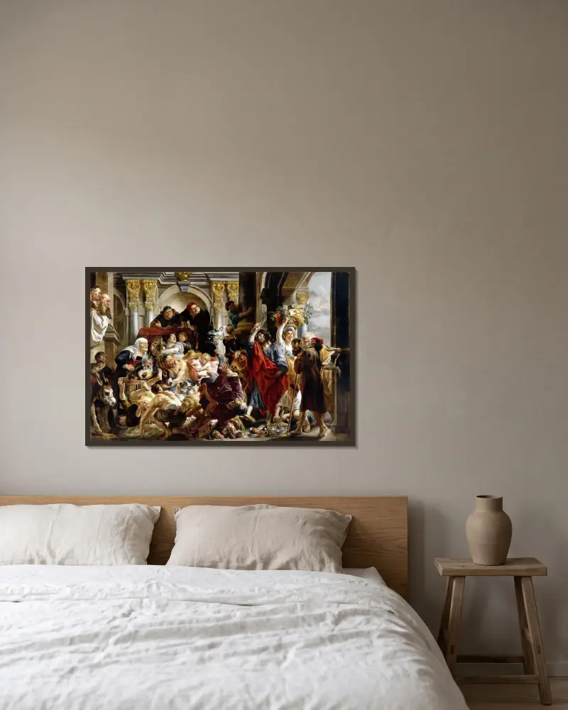 Jesus driver ut tempelhandlarna av Jacob Jordaens inramad på en vägg
