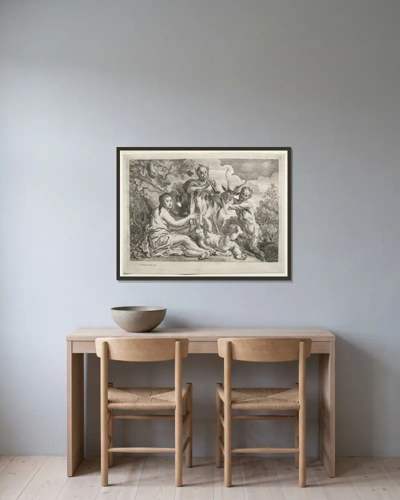 Jupiter närd av geten Amaltheia av Jacob Jordaens inramad på en vägg