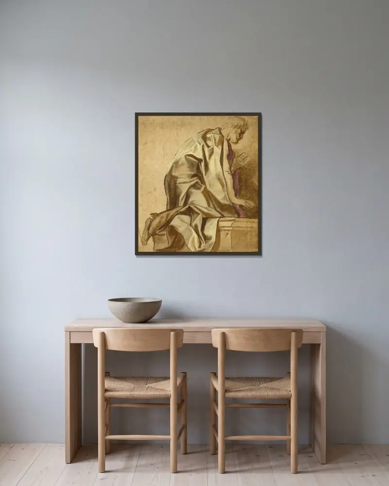 Knäböjande man, vänd åt höger av Jacob Jordaens inramad på en vägg