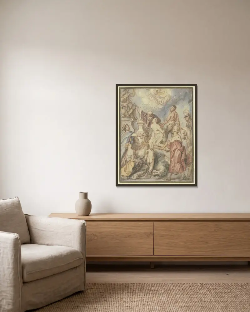 Den helige Quirinus av Malmédy martyrium av Jacob Jordaens inramad på en vägg