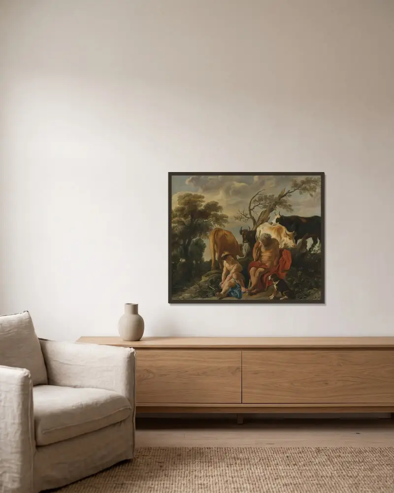 Mercurius och Argus av Jacob Jordaens inramad på en vägg