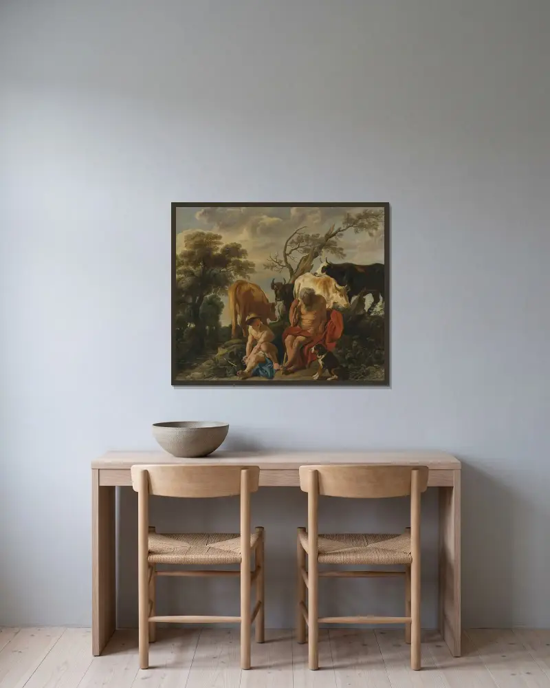Mercurius och Argus av Jacob Jordaens inramad på en vägg