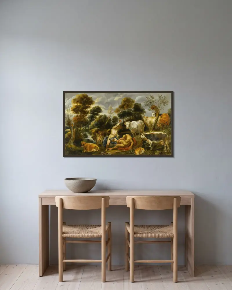 Mercury, Argus and Io av Jacob Jordaens inramad på en vägg