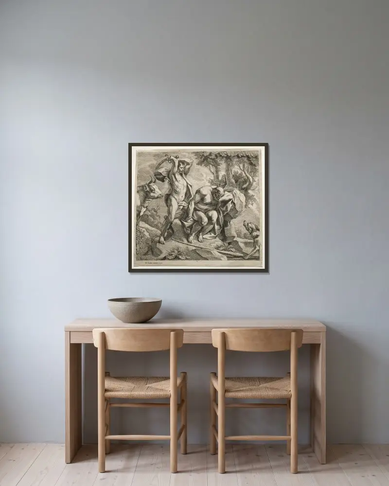 Mercurius dödar Argus av Jacob Jordaens inramad på en vägg